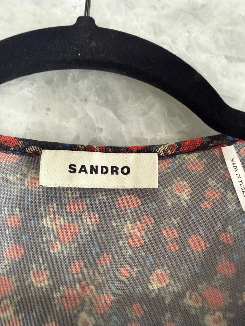 Sandro Sheer Floral Blouse in Charcoal, Coral and Cream